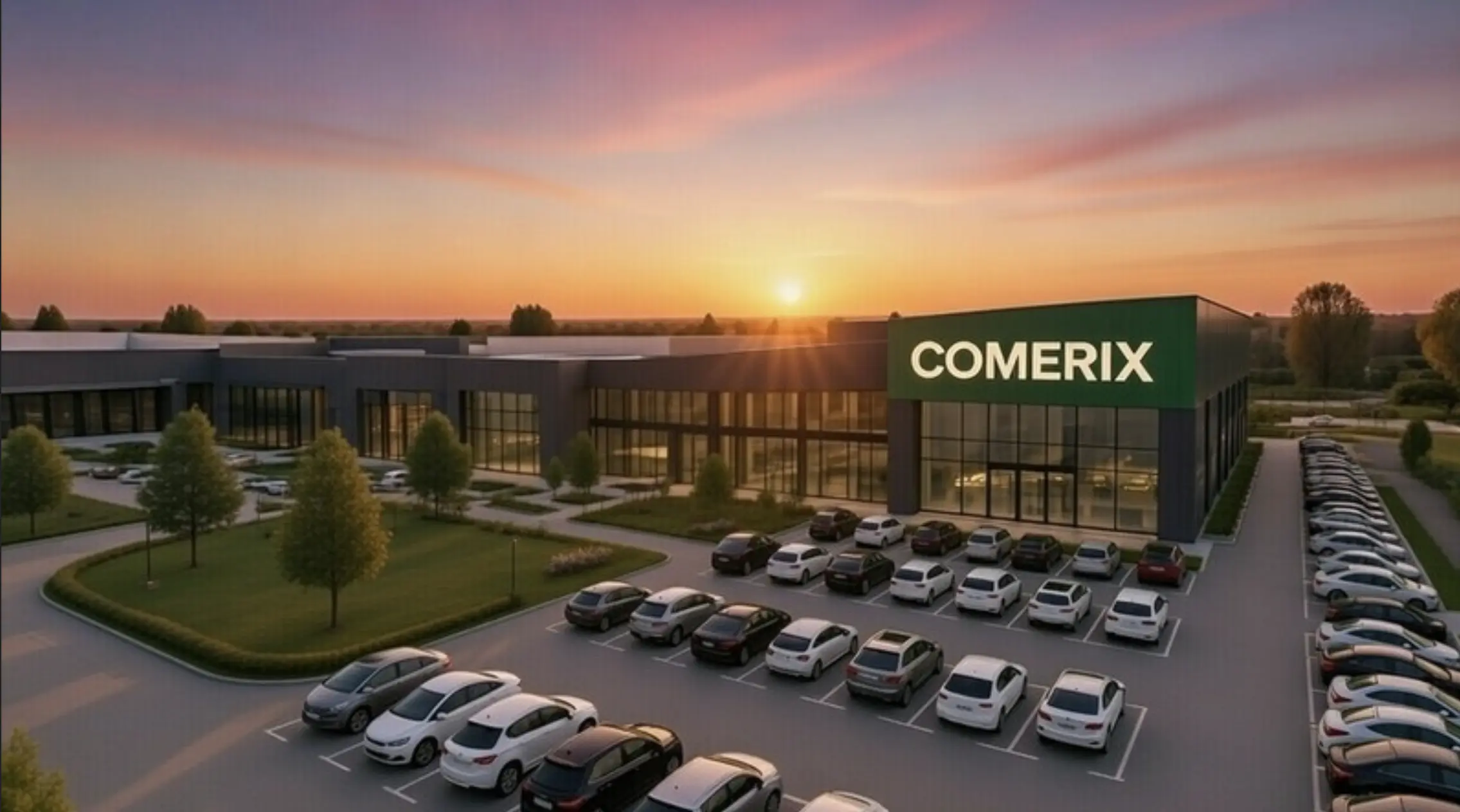 Vizualizace retailového centra Comerix za soumraku